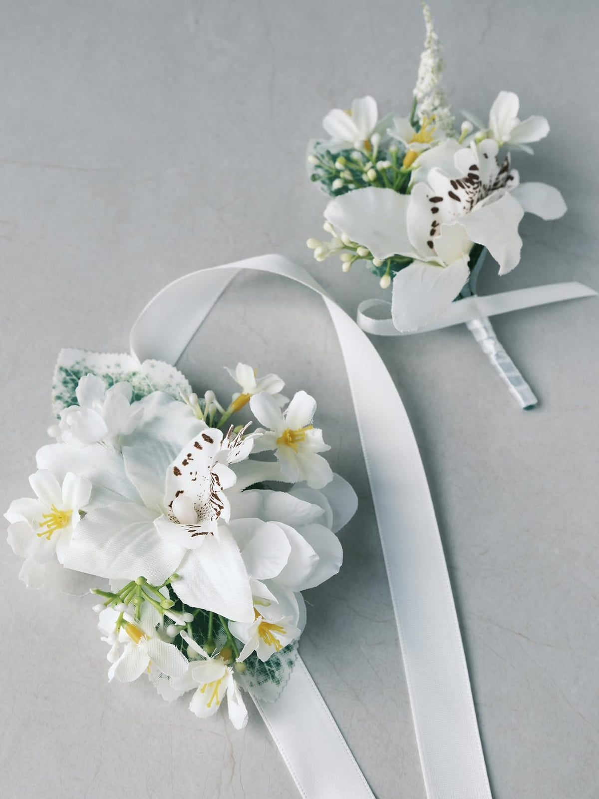 White Rose Wrist Corsage and Boutonniere Set with Ribbon Ties Wedding Prom Formal Accessories (White Style 3)