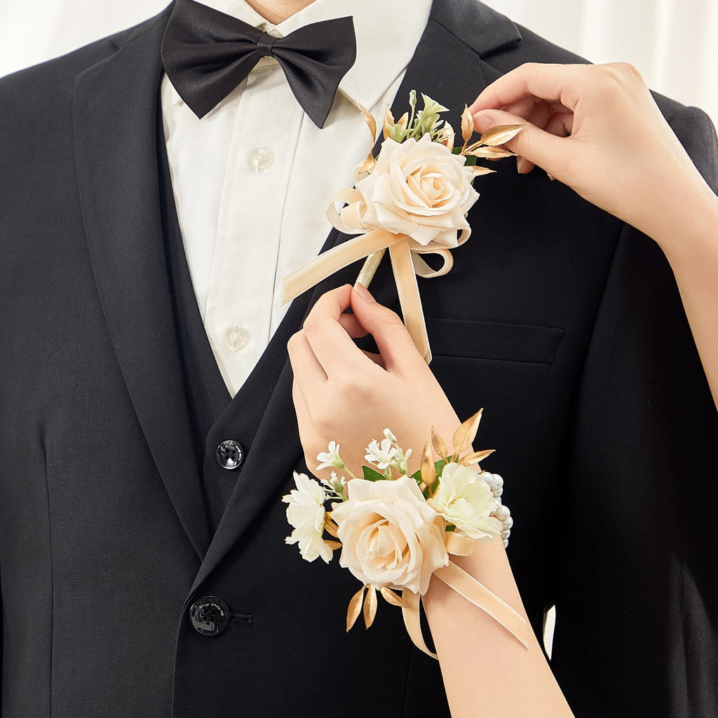 Serwalin Champagne Rose Corsage and Boutonniere Set for Wedding Prom Party