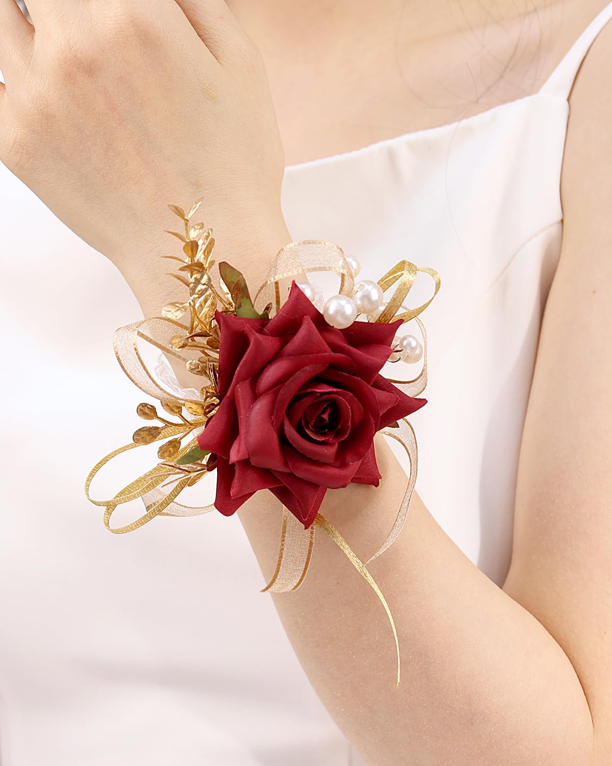 Bethynas Bridal Prom Rose Wrist Corsage Artificial Flower Pearl Wristlet Bridesmaid Hand Flower Bracelet Wristband for Wedding Ceremony Party (Pearl Flower - White)