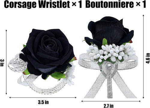 2Pcs Black Rose Corsage and Men Boutonniere Set Women Wristlet Band Wrist Bracelets, for Prom Wedding Ceremony Flowers Decorations and Homecoming Party Accessories