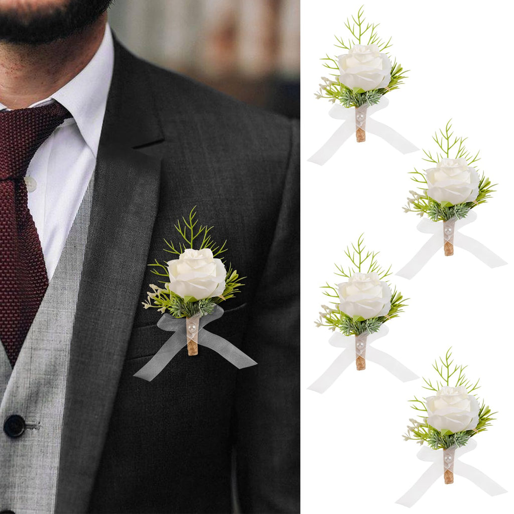 Garisey 2Pcs White Artificial Rose Boutonniere for Men Wedding Ceremony