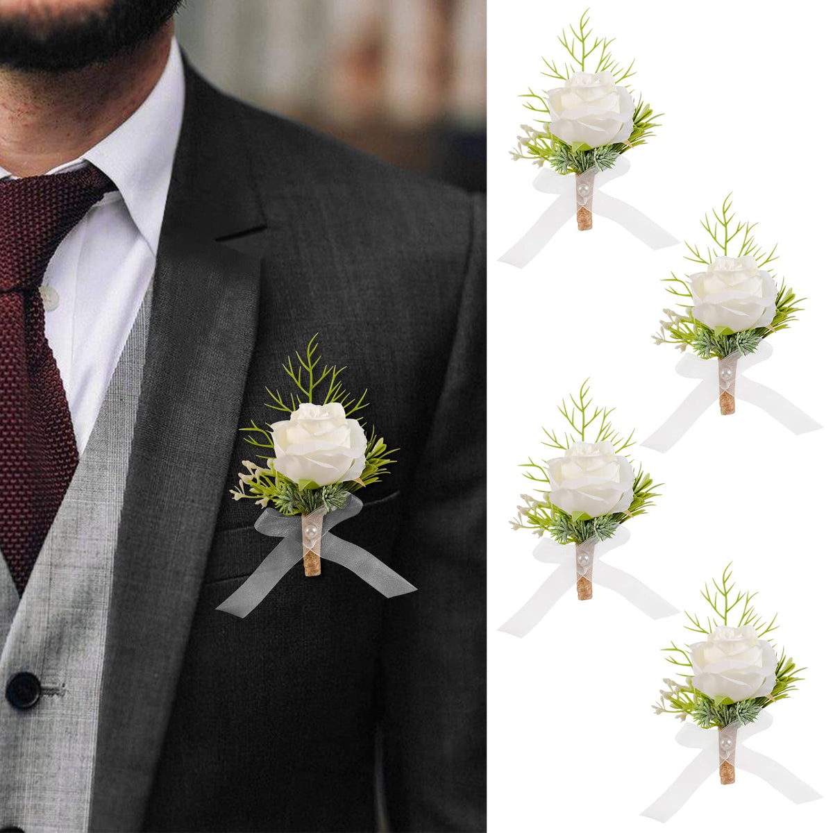 Garisey 2Pcs White Artificial Rose Boutonniere for Men Wedding Ceremony