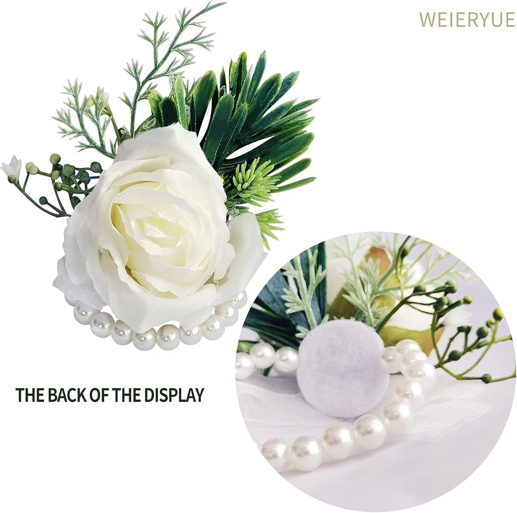 White Rose Wrist Flowers and Men's Corsage Wedding Flowers Ceremony,2Pcs Boutonniere Buttonholes and Wrist Corsage Wristband Roses Wrist Corsage (2pcs White Wrist Corsages)