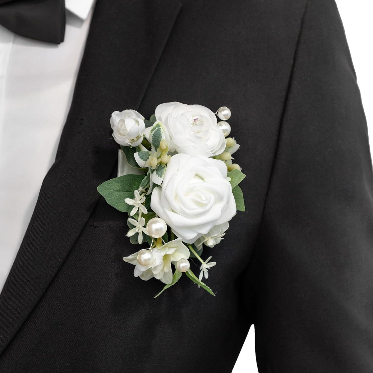 Ling's Moment Boutonniere for Men with Pin, White Ranunculus Ivory, 6"Wx5"H