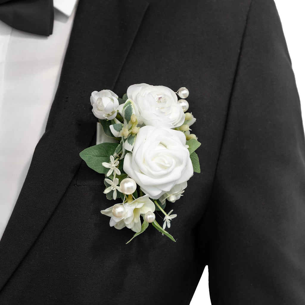 Ling's Moment Boutonniere for Men with Pin, White Ranunculus Ivory, 6"Wx5"H