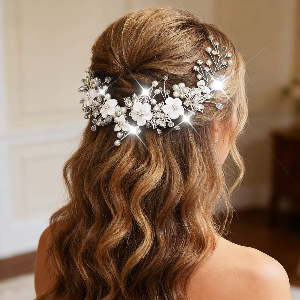 Catery Flower Bride Wedding Hair Vine Wedding Headpiece Bridal Hair Accessories for Brides and Women (Silver, One Size)