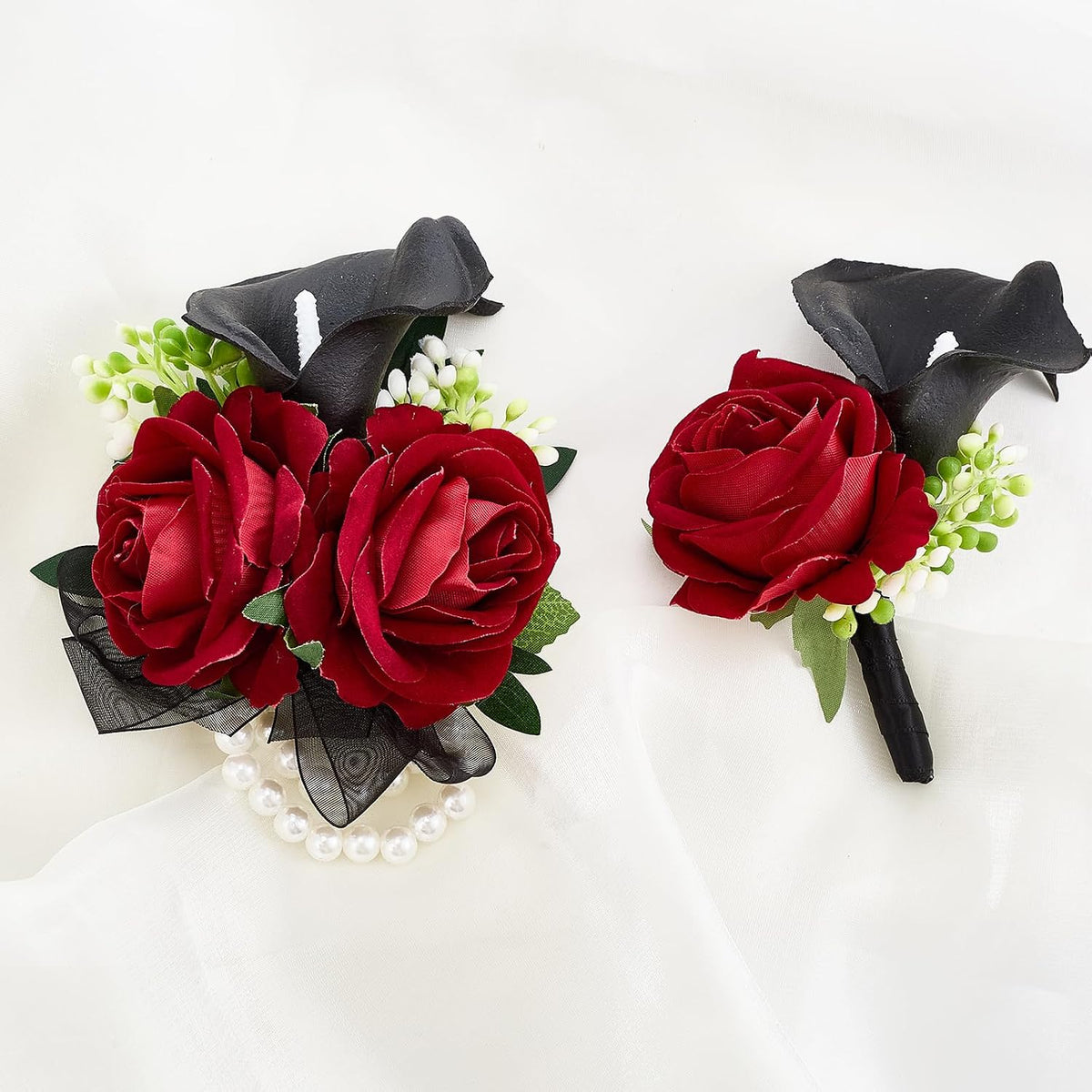 Red Rose Wrist Corsage Wristlet Band Bracelet and Boutonniere Set for Men Women Red Wedding Flower Prom Suit Accessories