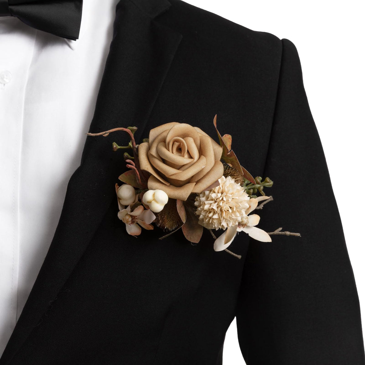Ling's Moment Boutonniere for Men with Pin, White Ranunculus Ivory, 6"Wx5"H