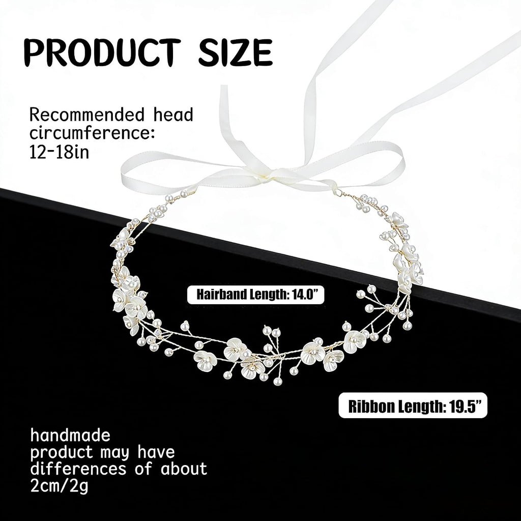 527&huan White Flowers Pearls Bridal Headband, Handmade Silver Wire Woven Wedding Hair Vine with Satin Ribbon, Lightweight Wedding Hair Accessory for Bride Flower Girl Bridesmaid Prom Pageant
