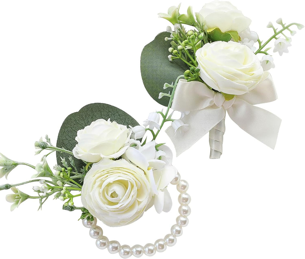 Floroom Ivory Rose Wrist Corsage Bracelet Wristlet Band and Men Boutonniere Set for White Wedding Flower Accessories Prom Suits