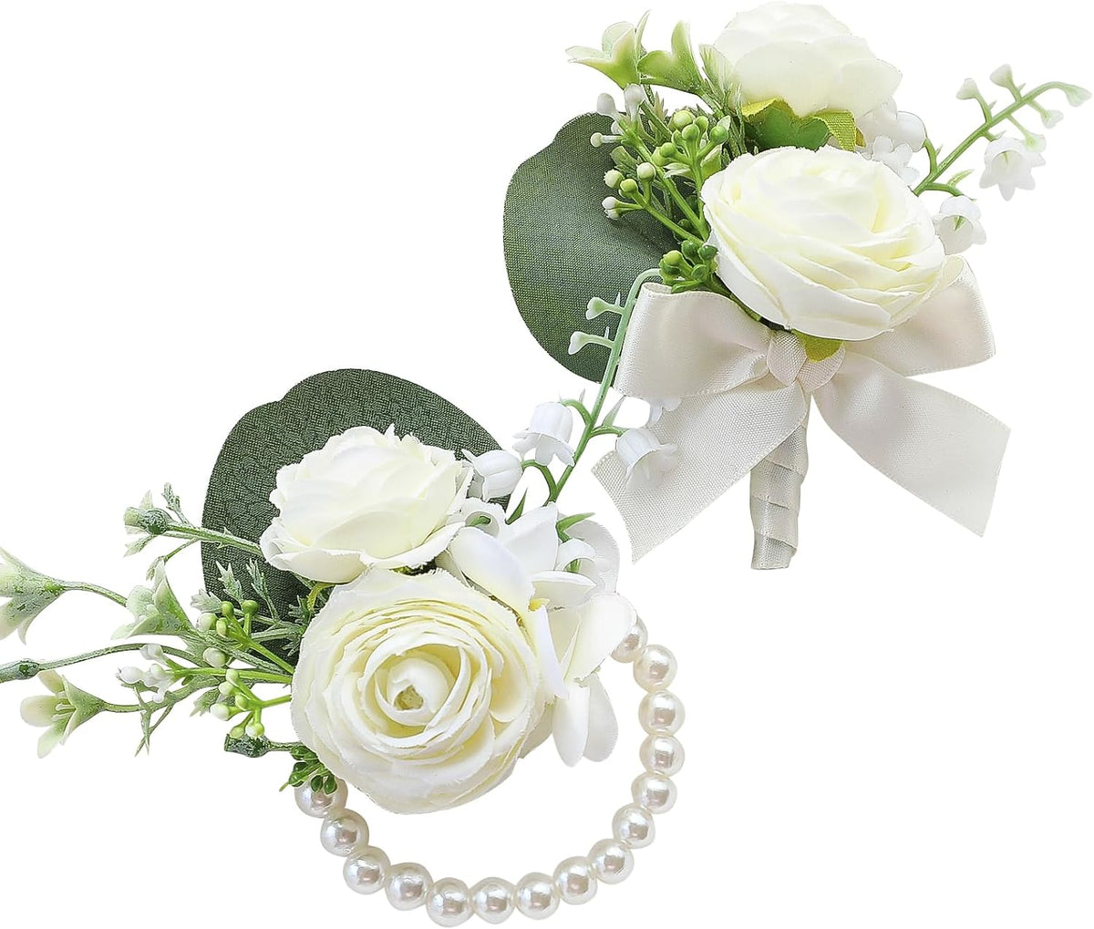 Floroom Ivory Rose Wrist Corsage Bracelet Wristlet Band and Men Boutonniere Set for White Wedding Flower Accessories Prom Suits