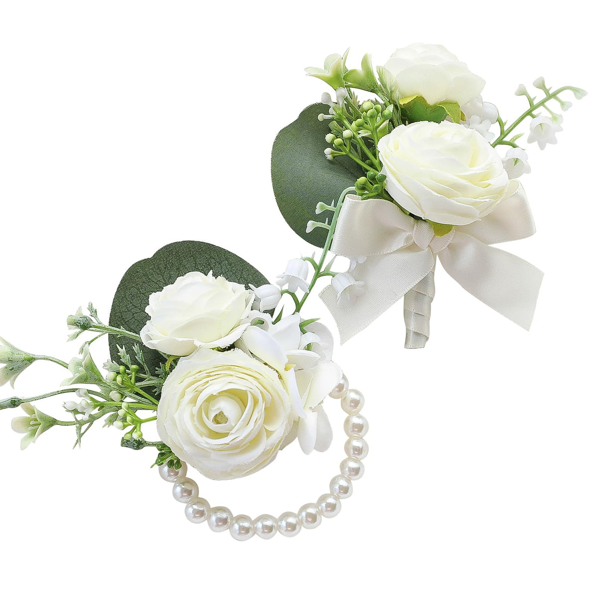 Floroom Ivory Rose Wrist Corsage Bracelet Wristlet Band and Men Boutonniere Set for White Wedding Flower Accessories Prom Suits
