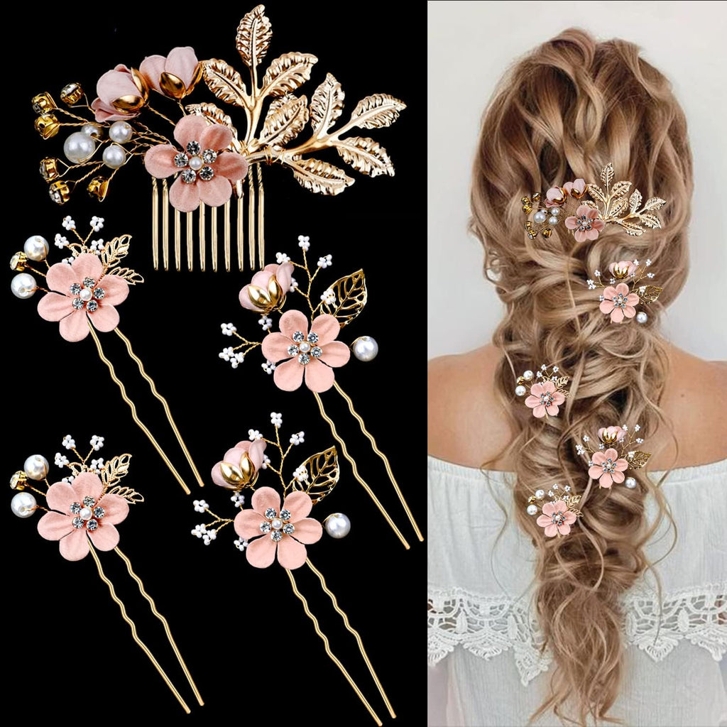 5 PCS Bridal Flower Wedding Hair Pins Crystal Pearl Hair Clips Headpiece Gold Wedding Hair Accessories Jewelry with Rhinestone for Brides Bridesmaids Women Girls Updo, Special Cream Blue