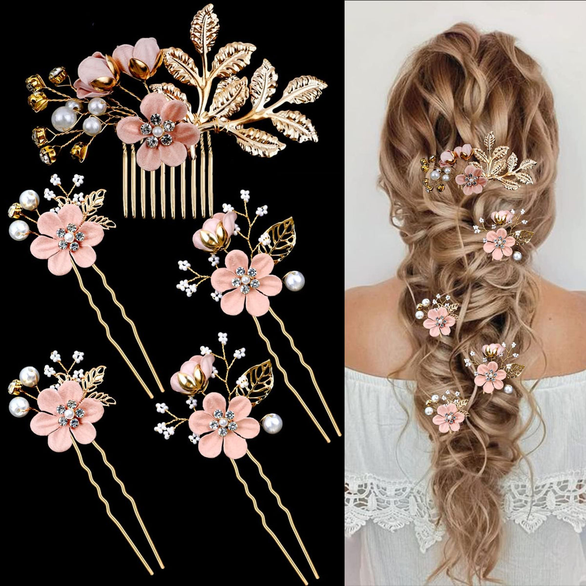 5 PCS Bridal Flower Wedding Hair Pins Crystal Pearl Hair Clips Headpiece Gold Wedding Hair Accessories Jewelry with Rhinestone for Brides Bridesmaids Women Girls Updo, Special Cream Blue