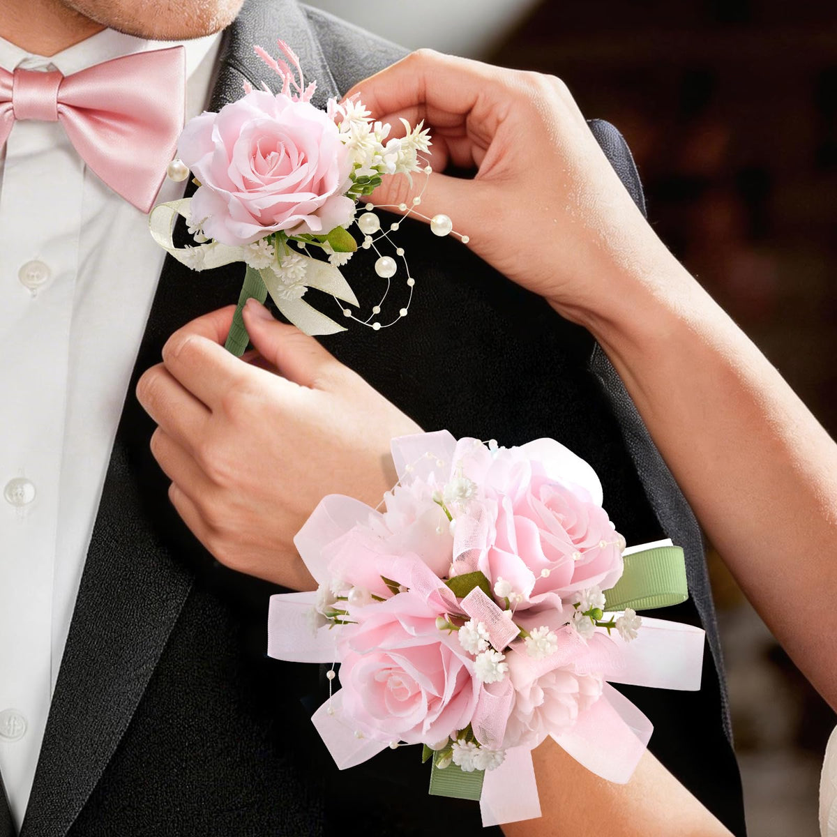 Red and Black Corsage and Boutonniere Set for Wedding Prom