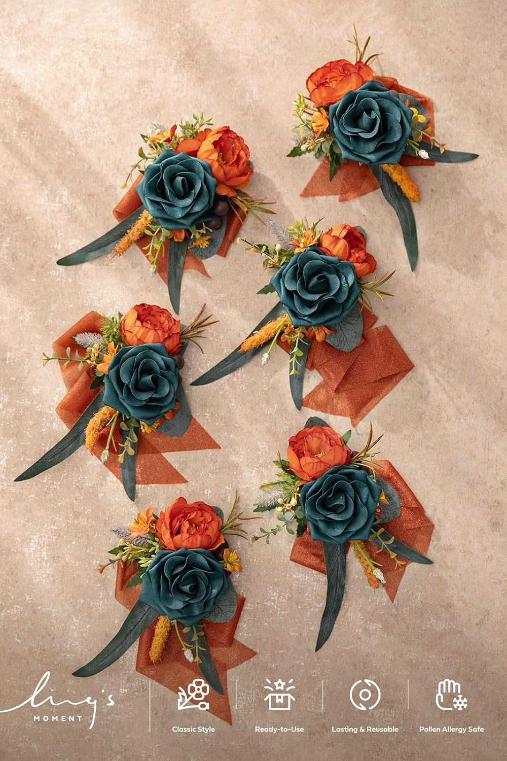 Ling's moment 6pcs Corsage Wristlet, Fall Wedding Decor, Teal Orange