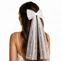 Bridal Veil Hair Clip with Pearls, Bow Hair Veil for Bachelorette Party, Wedding Accessory for Women