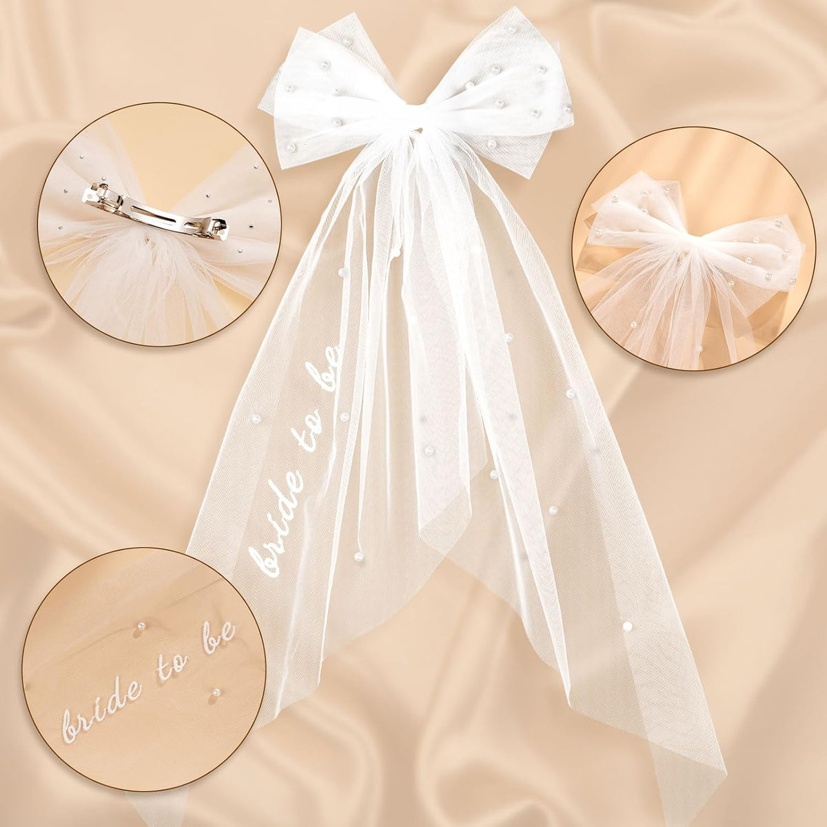 Bachelorette Veil for Bride to Be Short Pearl Bow Hair Veil with Embroidered Script 2-Tier Tulle Bridal Shower Accessory