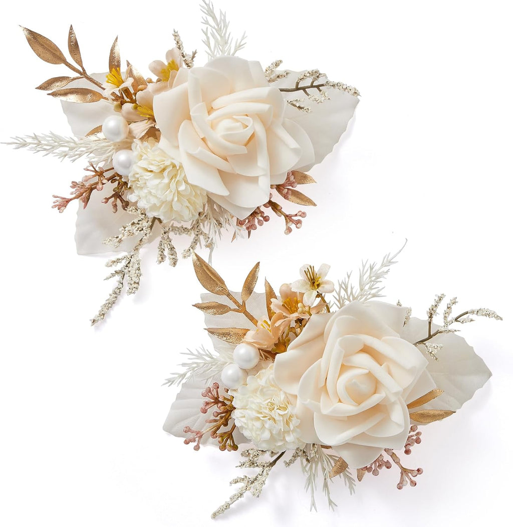 Serwalin 2Pcs Champagne Rose Boutonniere for Men Wedding Prom Party 6-7Inch