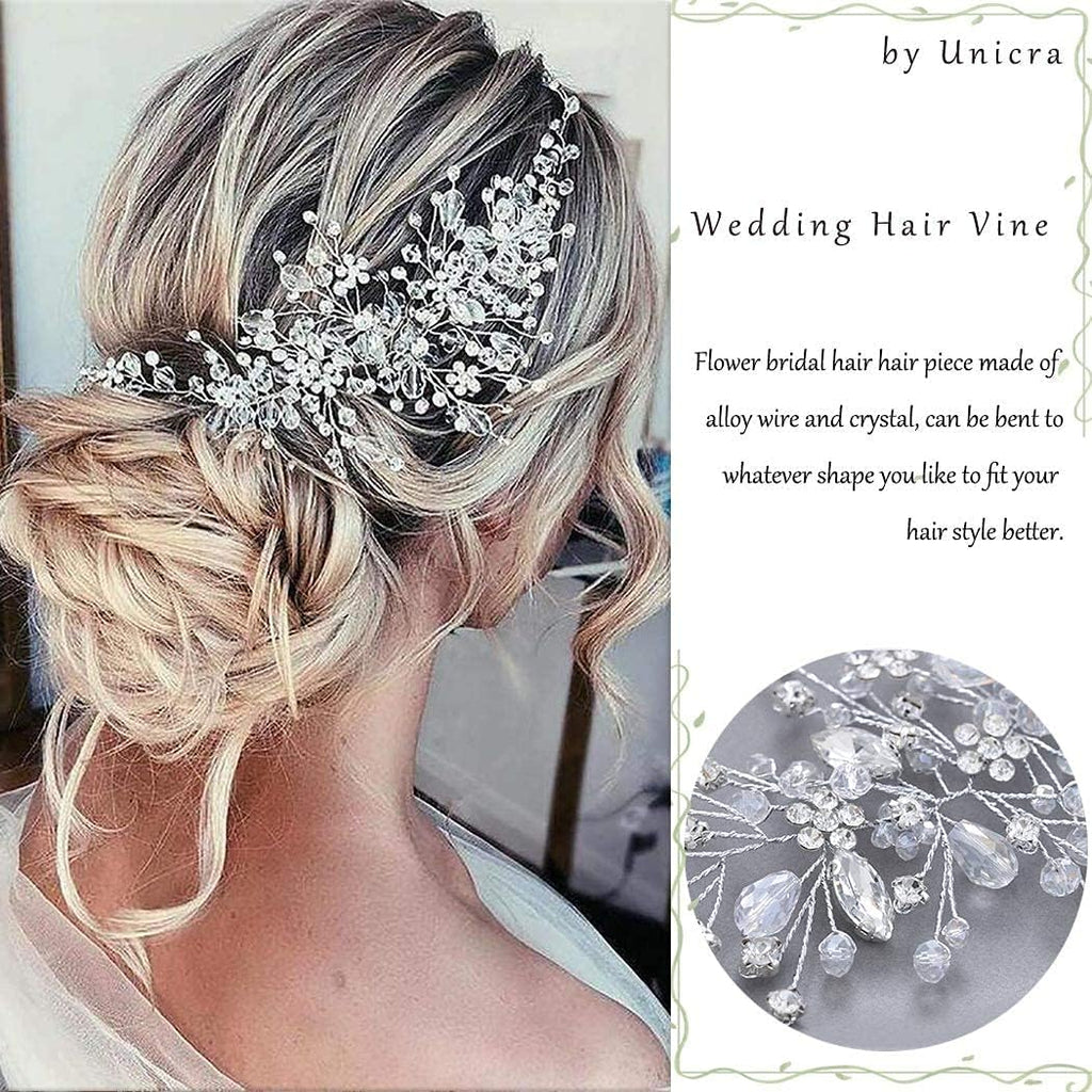 Unicra Bride Flower Wedding Hair Vine Crystal Bridal Hair Piece Rhinestone Party Hair Accessories Leaf Hair Jewelry Bead Headpiece for Women