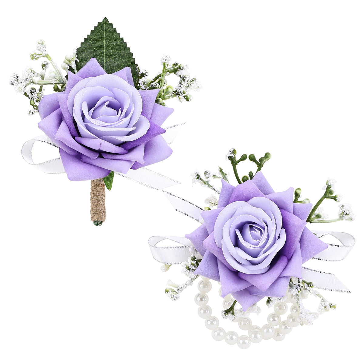 2Pcs Burgundy Rose Corsage and Boutonniere Set, Wrist Corsage with Double Pearl Bracelet and Boutonniere for Men with Pin Clip for Wedding Prom Homecoming Party Suit Decorations