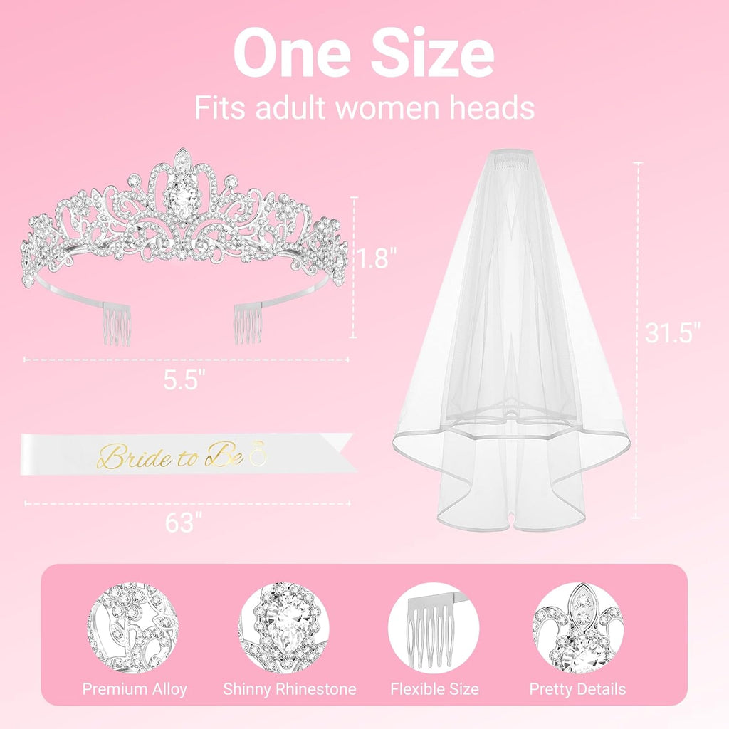 3Pcs Bride to Be Crown with Sash and Veil for Bachelorette Party Decorations, Bridal Shower Accessories for Gift, Favors