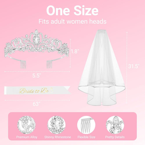 3Pcs Bride to Be Crown with Sash and Veil for Bachelorette Party Decorations, Bridal Shower Accessories for Gift, Favors