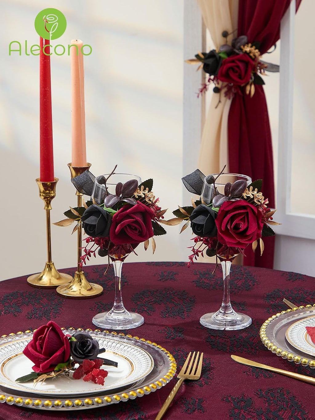 Alecono Burgundy Corsage and Boutonniere Set Red Black Rose Wristlet