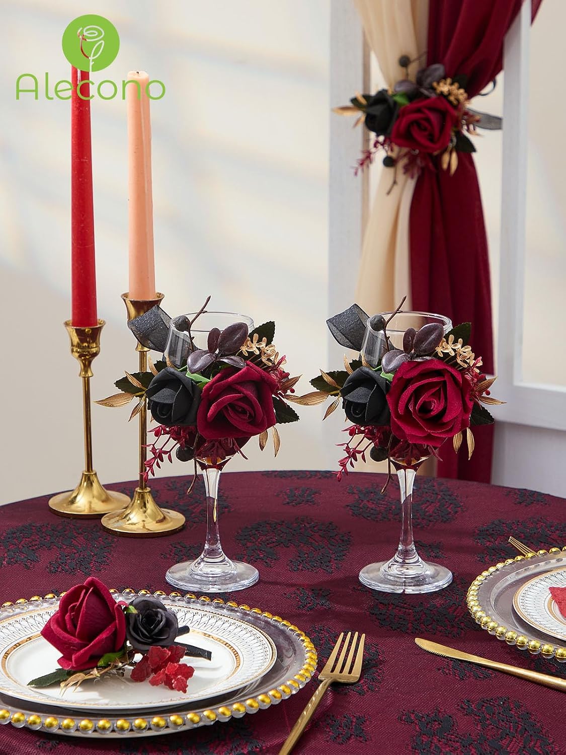Alecono Burgundy Corsage and Boutonniere Set Red Black Rose Wristlet