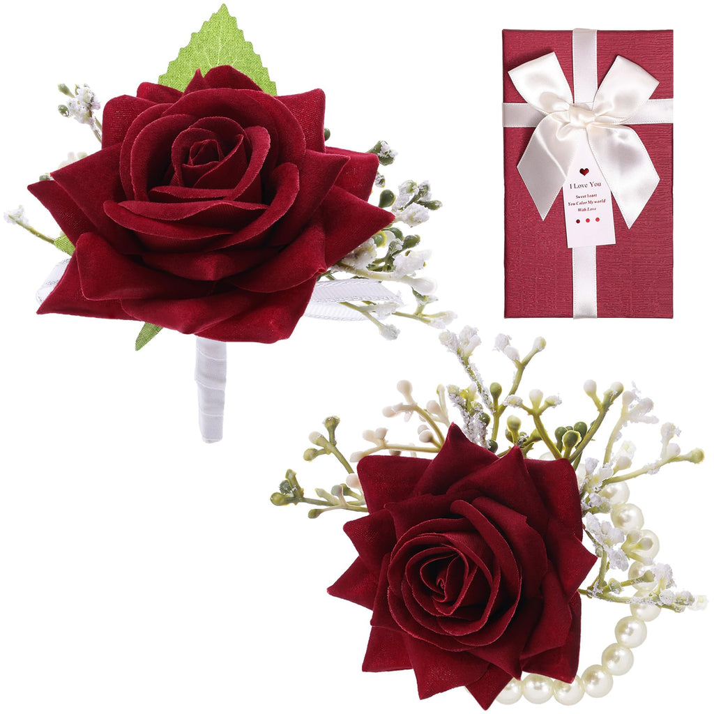 SITUMEIZI 2Pcs Red Rose Wrist Corsage and Boutonniere Set for Prom Decor