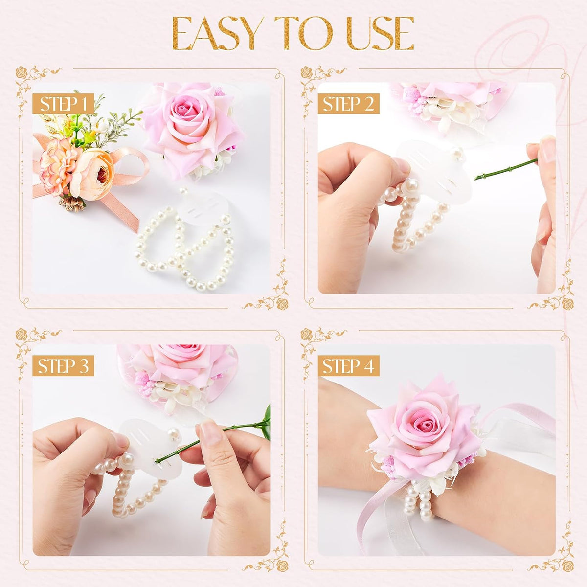 HIONXMGA Corsage Wristlet Band 4 Pcs Pearl Wrist Corsage Bracelets Bands