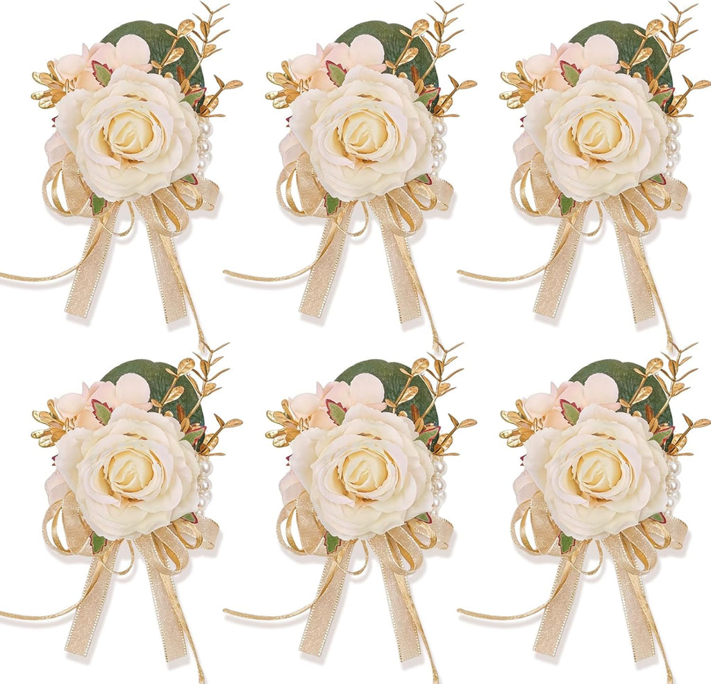 Artificial Champagne Rose Wrist Corsages Set 6Pcs for Wedding Party