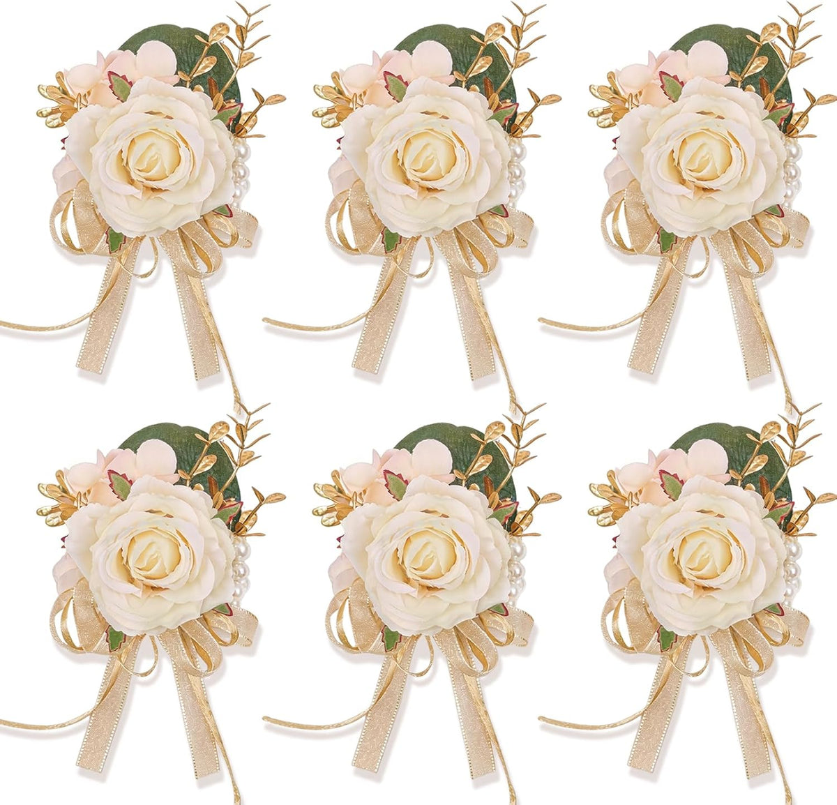 Artificial Champagne Rose Wrist Corsages Set 6Pcs for Wedding Party