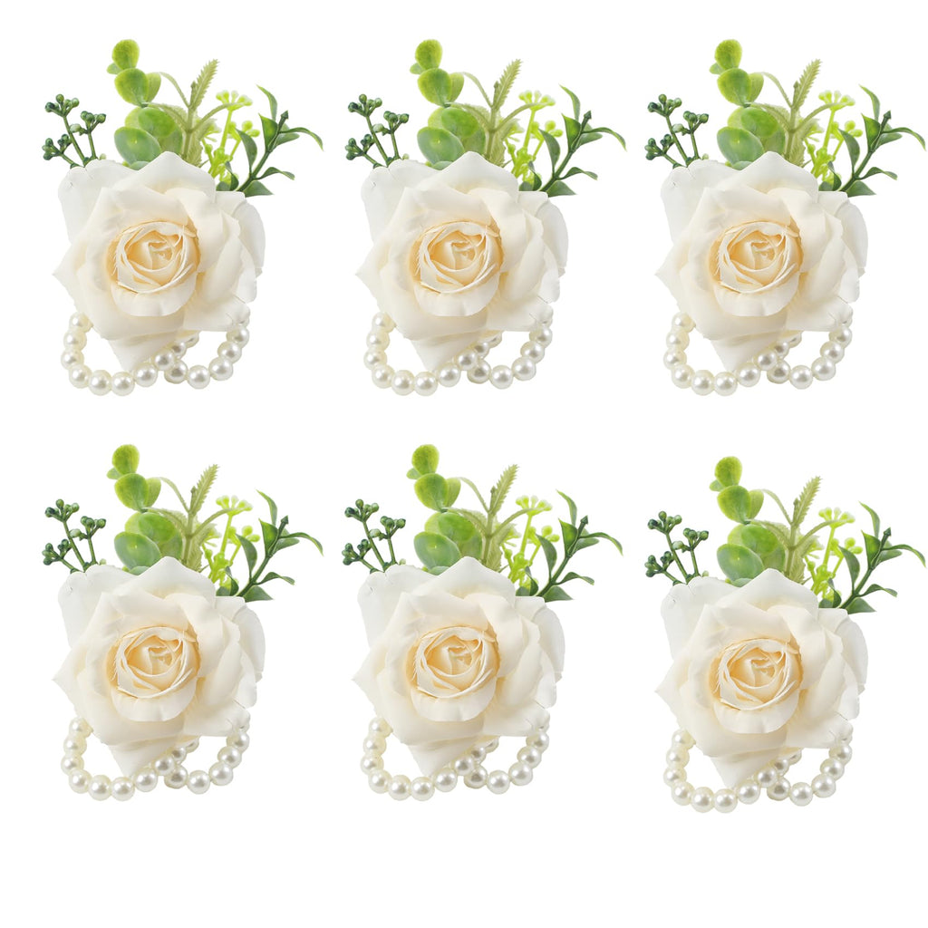 6Pcs Ivory White Faux Rose Wrist Corsages for Wedding, Dance Party