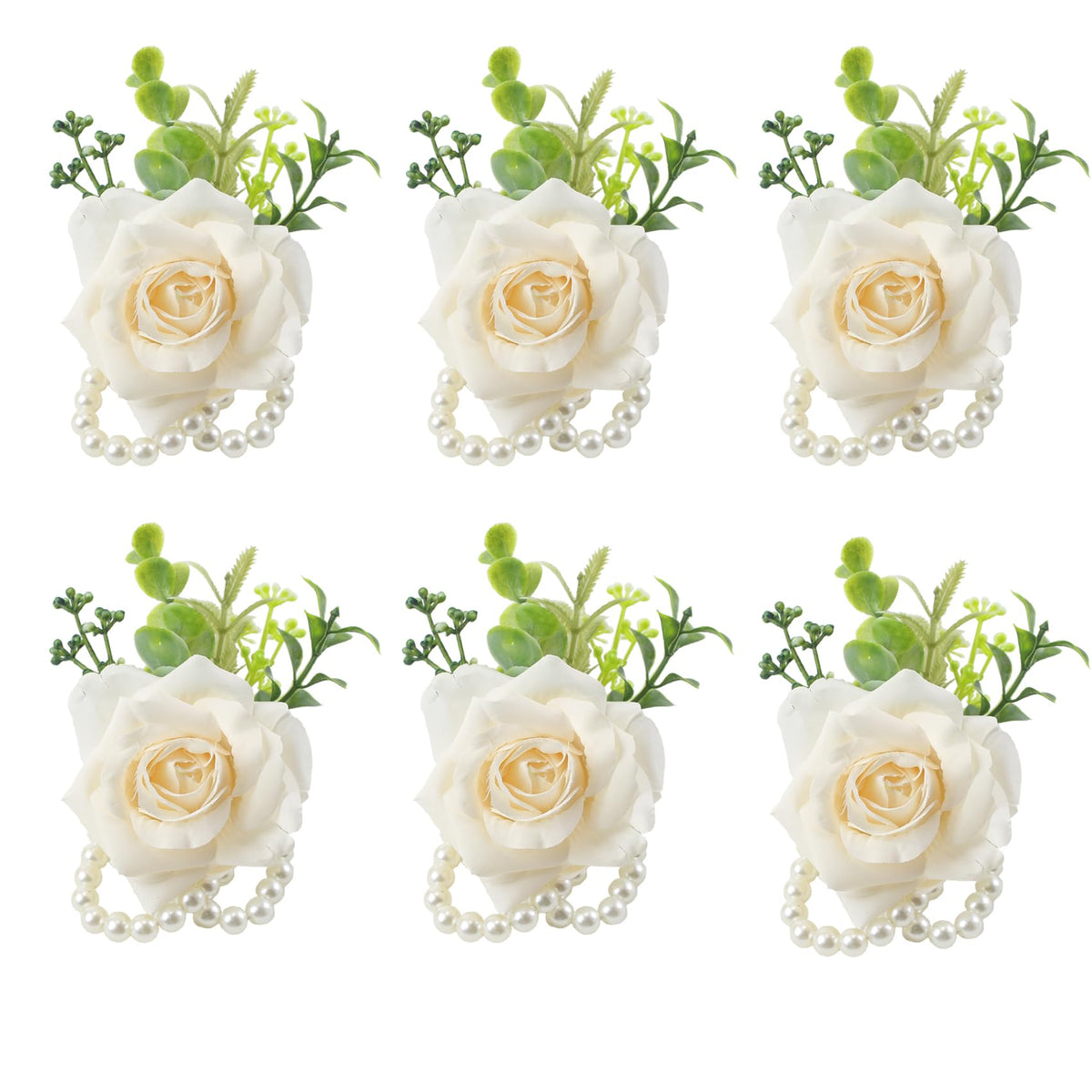 6Pcs Ivory White Faux Rose Wrist Corsages for Wedding, Dance Party