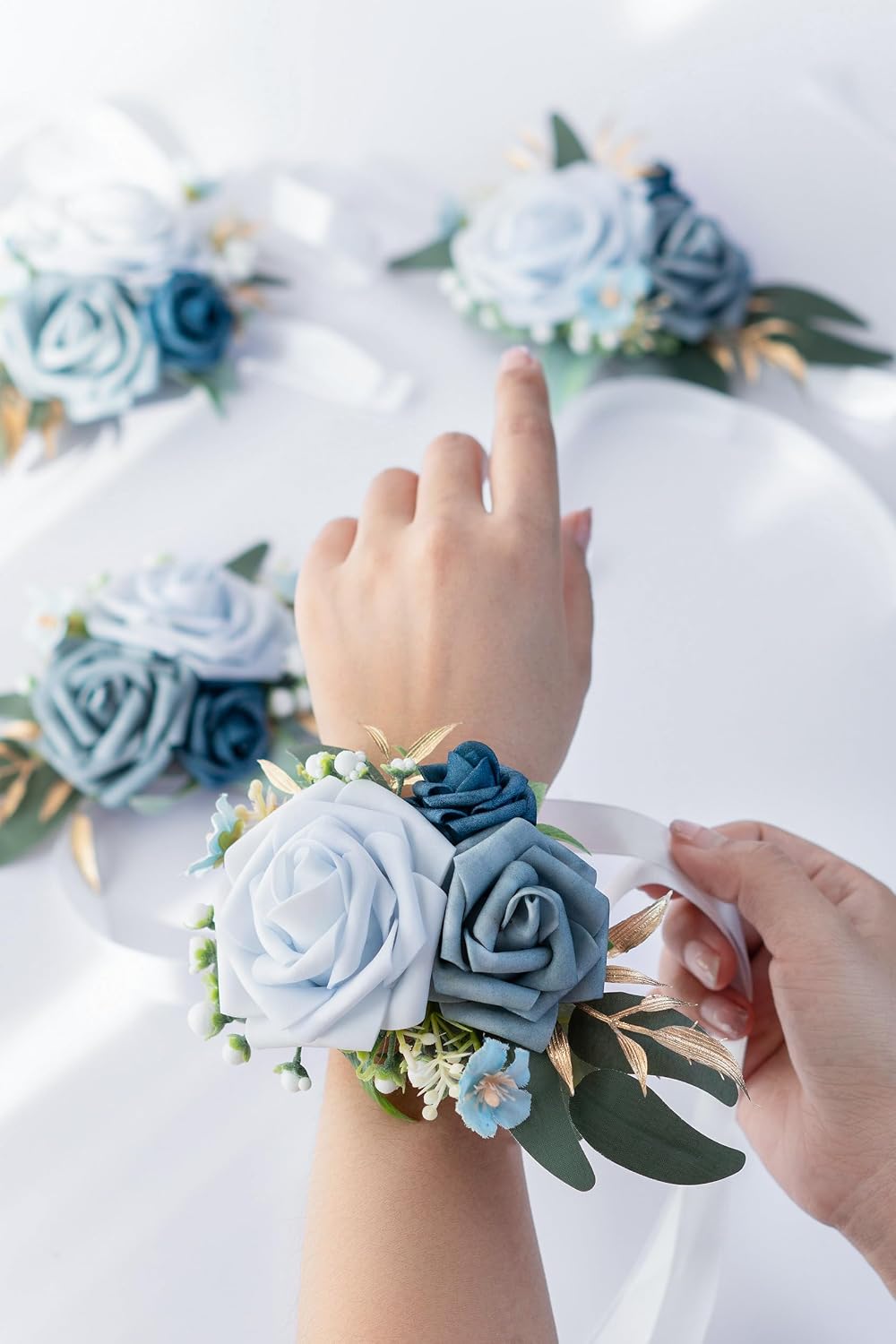 Set of 2 Wrist Corsage Wristlet for Wedding Bridesmaid Mother Grandmother for Bridal Shower Wedding Artificial Roses Flower Prom (Dusty Blue)