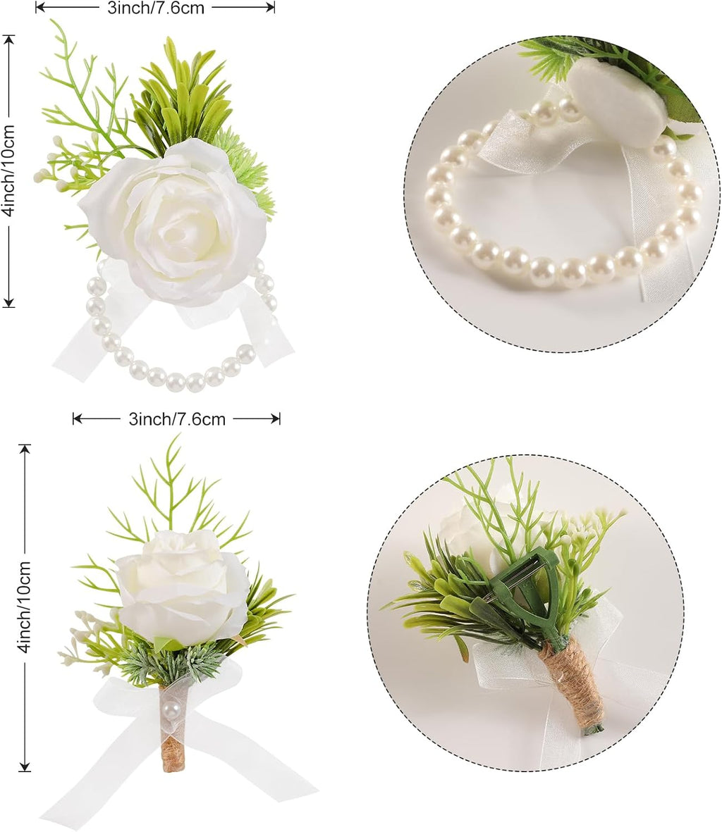 Garisey 2Pcs White Artificial Rose Boutonniere for Men Wedding Ceremony