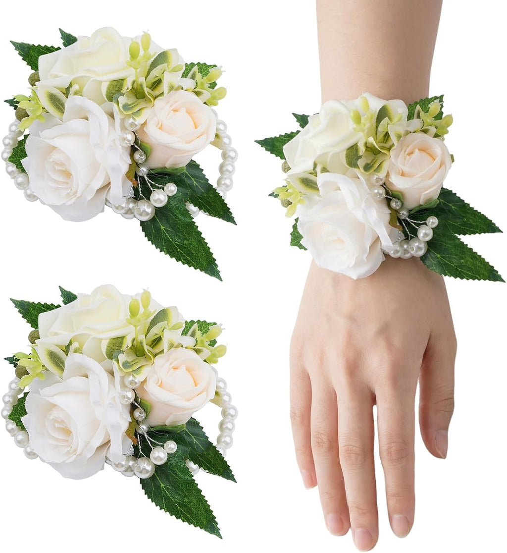 2 Pcs Prom Wrist Corsage Artificial Flowers Faux Pearl Bride Bridesmaid Bracelet for Prom Decor Wedding Anniversary Party Suit Flower Accessories (White)