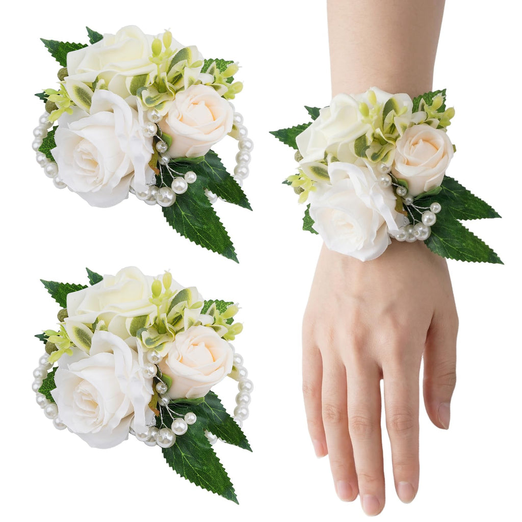 2 Pcs Prom Wrist Corsage Artificial Flowers Faux Pearl Bride Bridesmaid Bracelet for Prom Decor Wedding Anniversary Party Suit Flower Accessories (White)