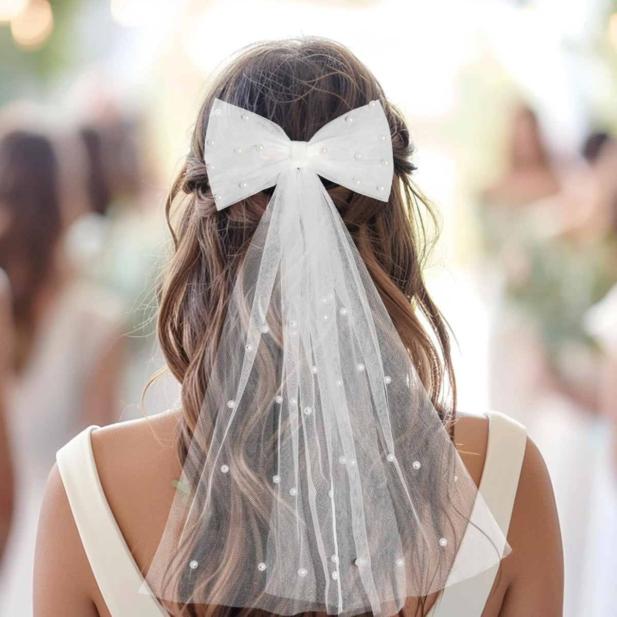 Bridal Veil Hair Clip with Pearls, Bow Hair Veil for Bachelorette Party, Wedding Accessory for Women