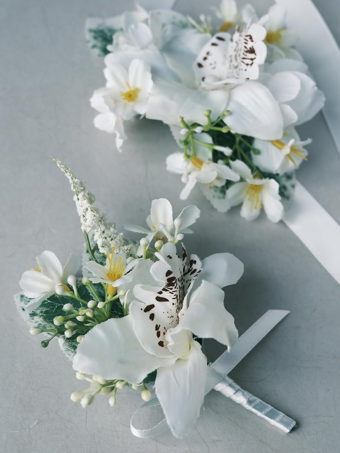 White Rose Wrist Corsage and Boutonniere Set with Ribbon Ties Wedding Prom Formal Accessories (White Style 3)