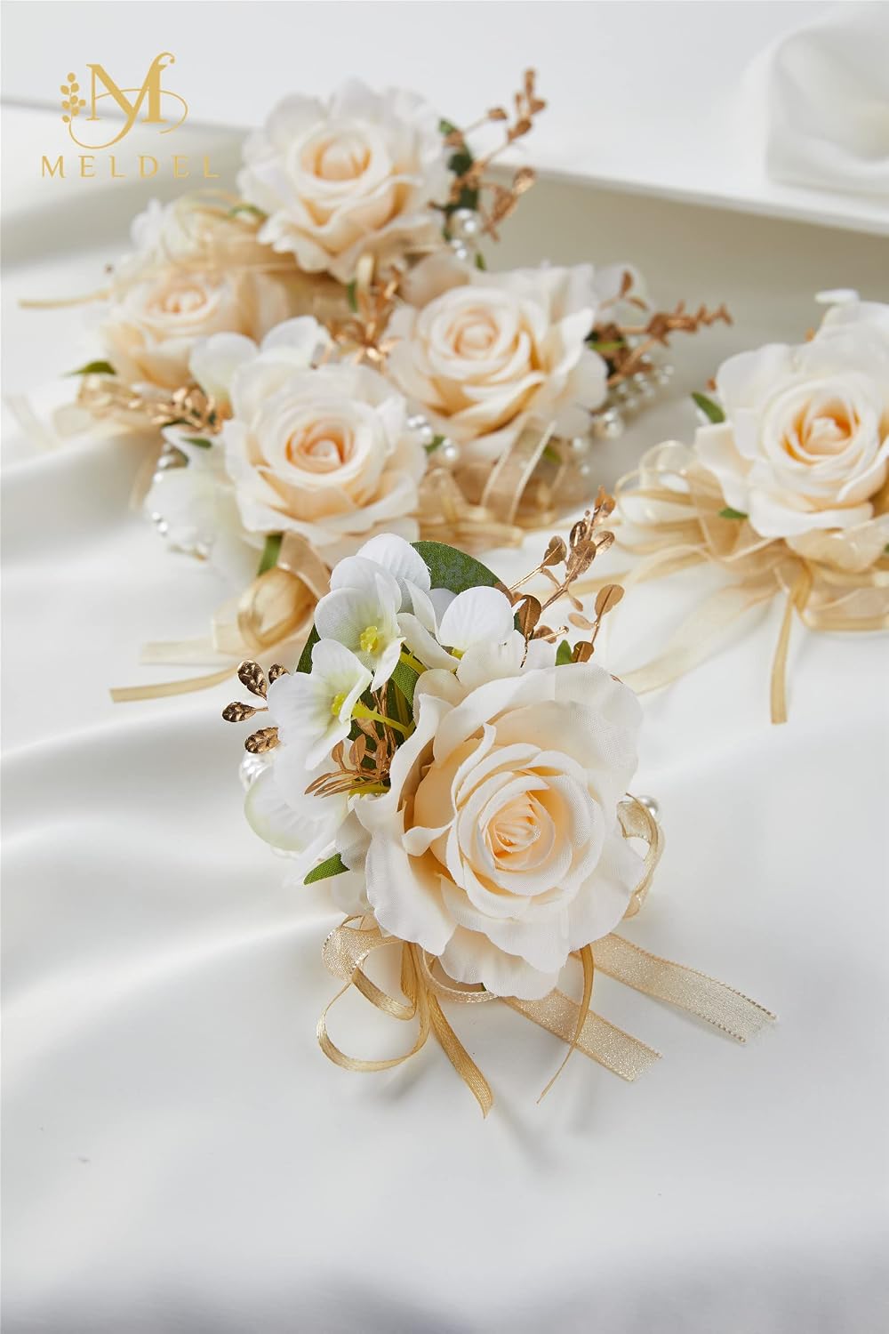 Women Champagne Faux Rose Wrist Corsages Set 6Pcs for Wedding Prom