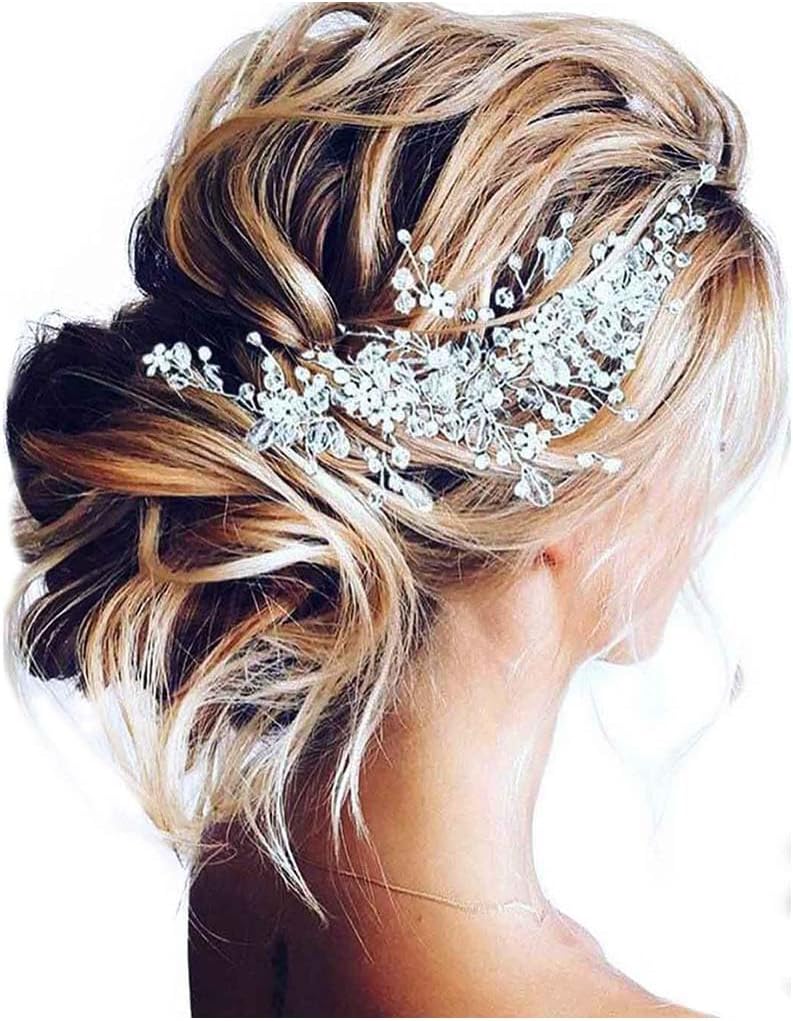Unicra Bride Flower Wedding Hair Vine Crystal Bridal Hair Piece Rhinestone Party Hair Accessories Leaf Hair Jewelry Bead Headpiece for Women