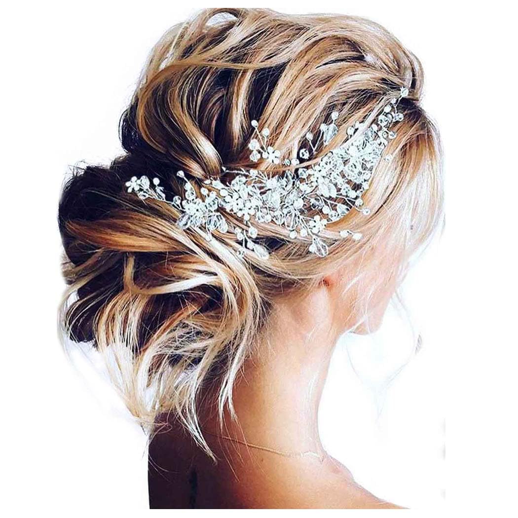 Unicra Bride Flower Wedding Hair Vine Crystal Bridal Hair Piece Rhinestone Party Hair Accessories Leaf Hair Jewelry Bead Headpiece for Women