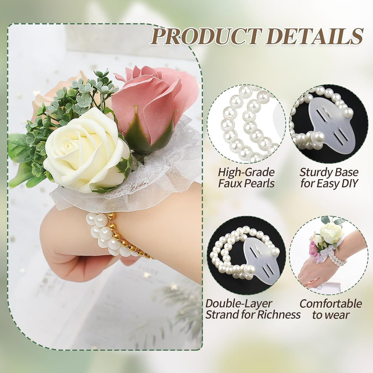 Corsage Wristlet,Elastic Double-Strand Pearl Corsage Wristlet Band for Women,Wrist Corsage Bracelets for Wedding Party Decorations,Graduation Party,DIY Handmade Flower Supplies