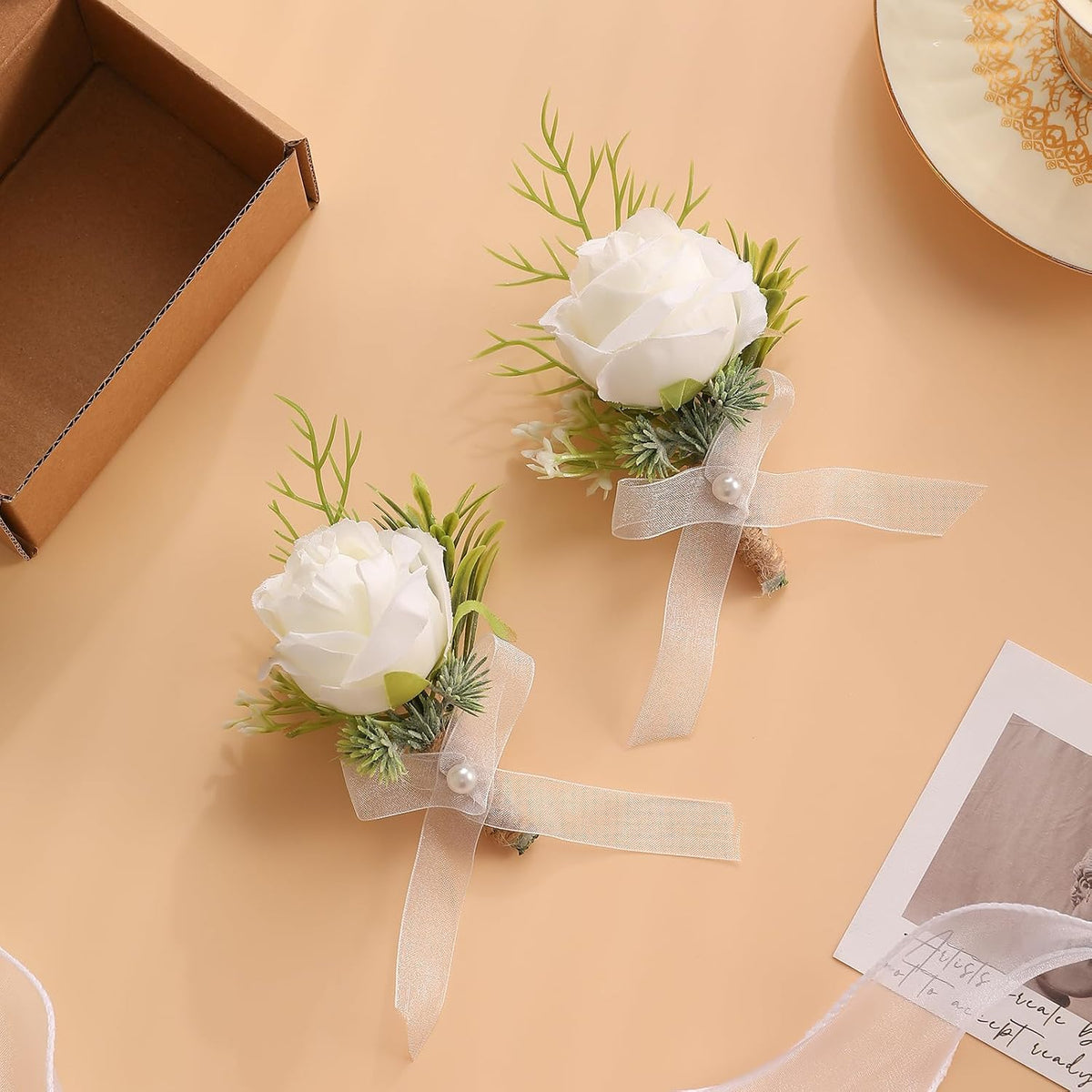 Garisey 2Pcs White Artificial Rose Boutonniere for Men Wedding Ceremony