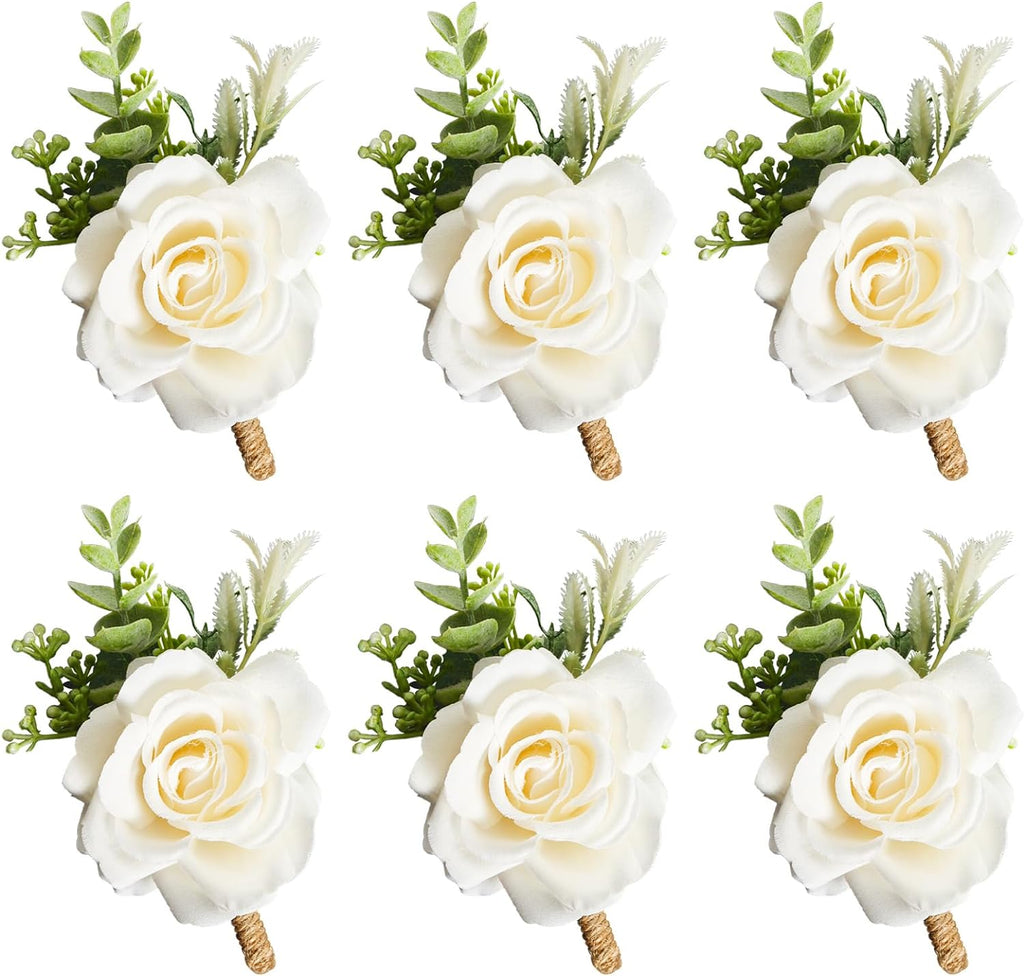 Gvhntk Ivory Rose Boutonniere for Men Wedding Set of 6 Groom Groomsmen Best Man Artificial Flowers Boutonniere for Wedding Ceremony Anniversary Prom Flowers Formal Dinner Party (6, White, Middle)