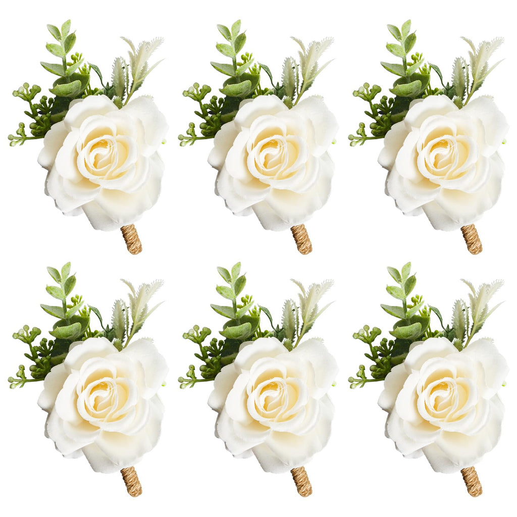 Gvhntk Ivory Rose Boutonniere for Men Wedding Set of 6 Groom Groomsmen Best Man Artificial Flowers Boutonniere for Wedding Ceremony Anniversary Prom Flowers Formal Dinner Party (6, White, Middle)