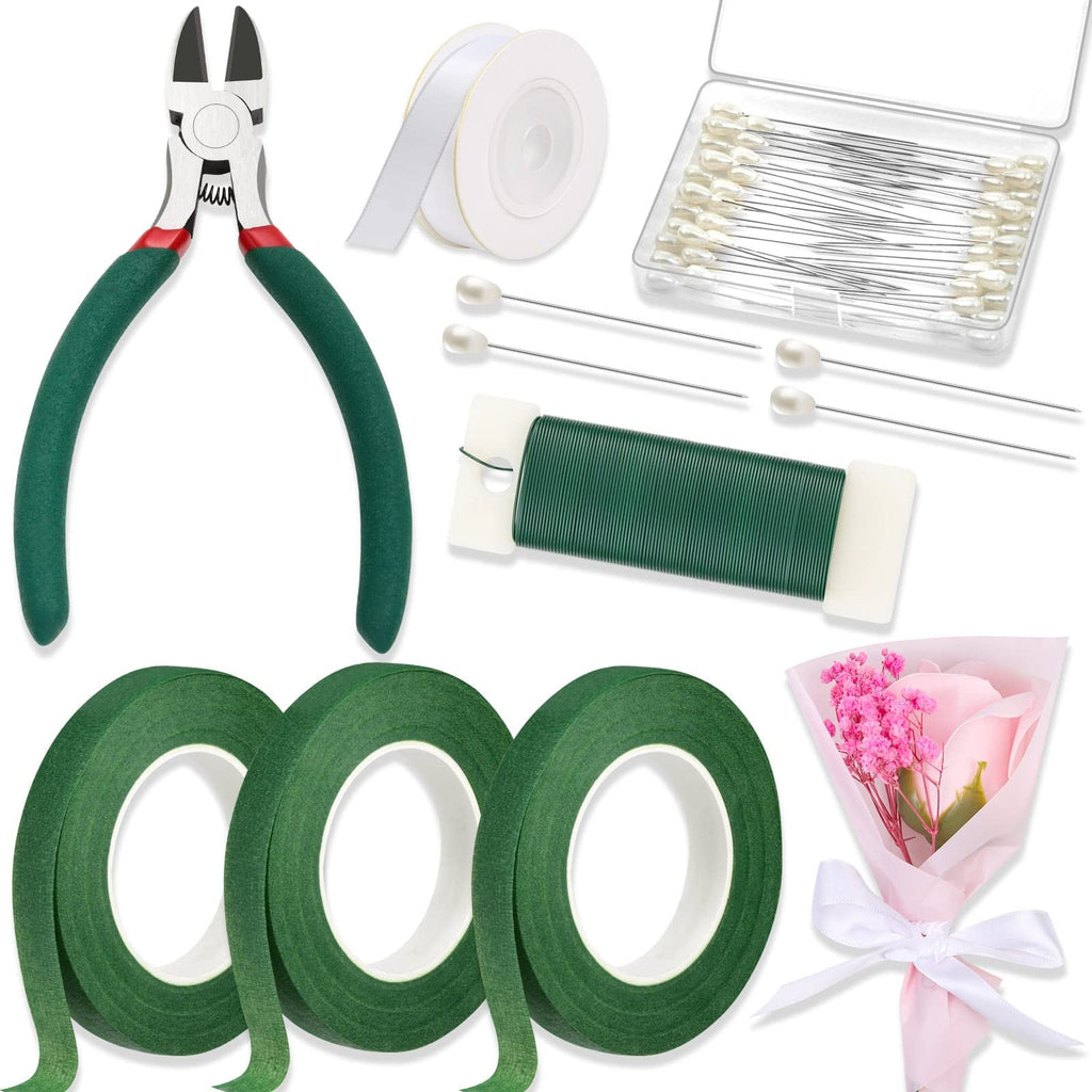 Paxcoo Floral Tape and Floral Wire Arrangement Tool Kit with Green Tape, Floral Wire, Boutonniere Flower pin, Cutter, White Ribbon and Elastic Pearl Wrist Corsage Bands for Bouquets