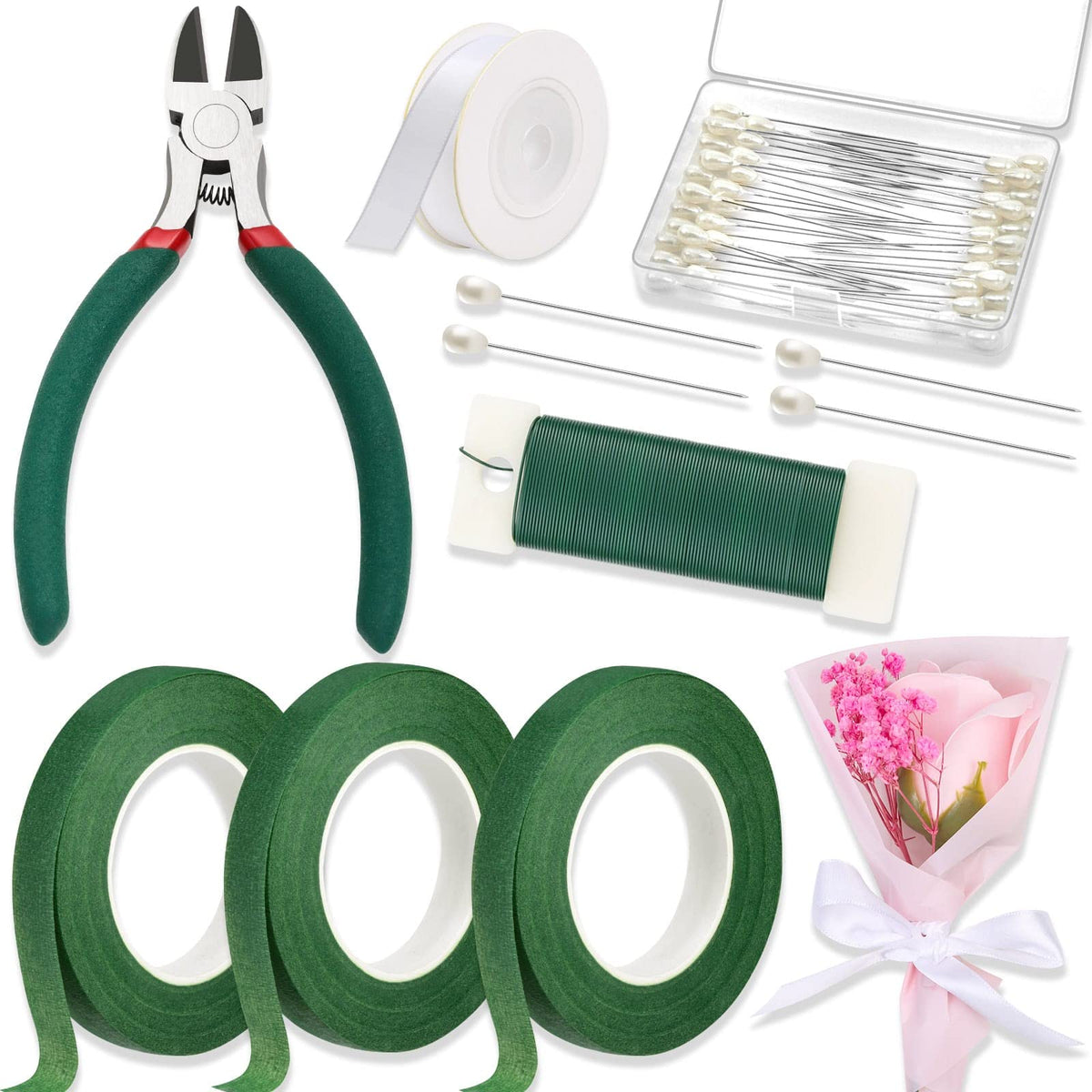 Paxcoo Floral Tape and Floral Wire Arrangement Tool Kit with Green Tape, Floral Wire, Boutonniere Flower pin, Cutter, White Ribbon and Elastic Pearl Wrist Corsage Bands for Bouquets